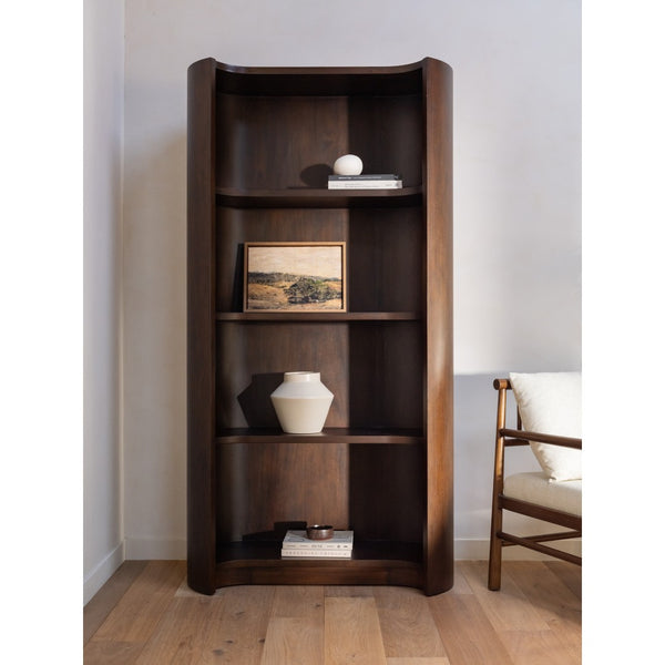 English Elm Bookcase, Curved Mahogany Four Shelf Display Unit Warm Brown Wood Grain Living Room B2769P516566