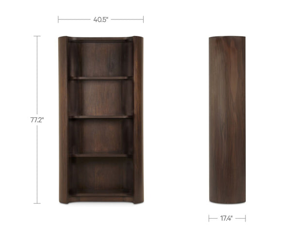 English Elm Bookcase, Curved Mahogany Four Shelf Display Unit Warm Brown Wood Grain Living Room B2769P516566