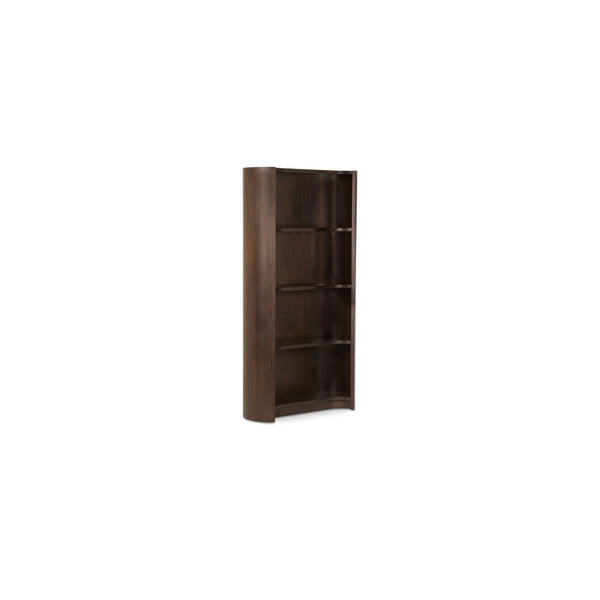 English Elm Bookcase, Curved Mahogany Four Shelf Display Unit Warm Brown Wood Grain Living Room B2769P516566