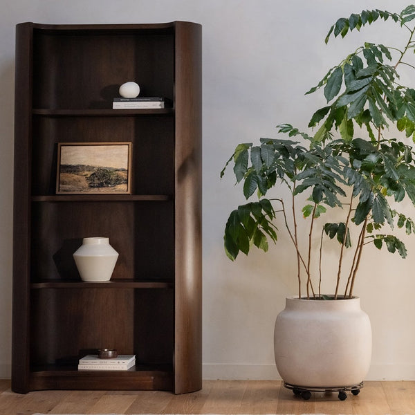 English Elm Bookcase, Curved Mahogany Four Shelf Display Unit Warm Brown Wood Grain Living Room B2769P516566
