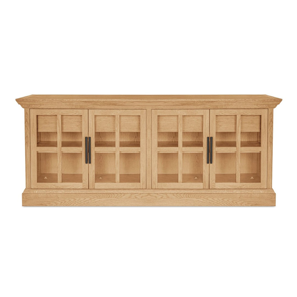 English Elm Sideboard, Wire-brushed Oak Frame with Glass Front Doors and Crown Molding Dining Storage B2769P516581