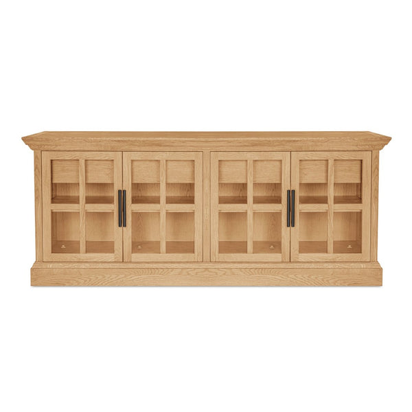 English Elm Sideboard, Wire-brushed Oak Frame with Glass Front Doors and Crown Molding Dining Storage B2769P516581