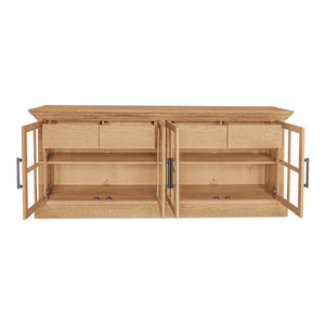 English Elm Sideboard, Wire-brushed Oak Frame with Glass Front Doors and Crown Molding Dining Storage B2769P516581