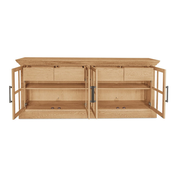 English Elm Sideboard, Wire-brushed Oak Frame with Glass Front Doors and Crown Molding Dining Storage B2769P516581