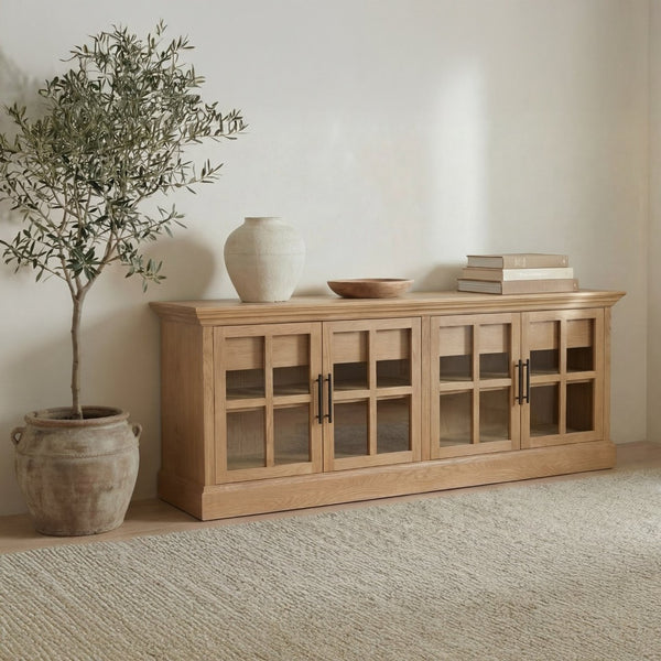English Elm Sideboard, Wire-brushed Oak Frame with Glass Front Doors and Crown Molding Dining Storage B2769P516581