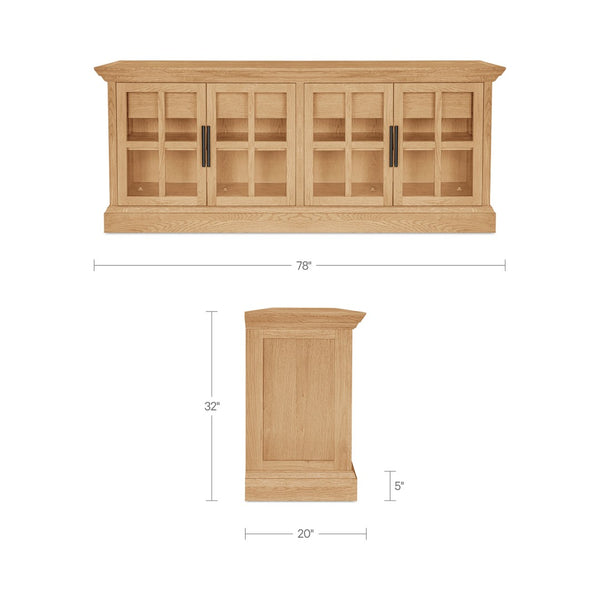 English Elm Sideboard, Wire-brushed Oak Frame with Glass Front Doors and Crown Molding Dining Storage B2769P516581