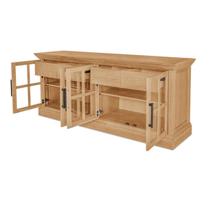 English Elm Sideboard, Wire-brushed Oak Frame with Glass Front Doors and Crown Molding Dining Storage B2769P516581