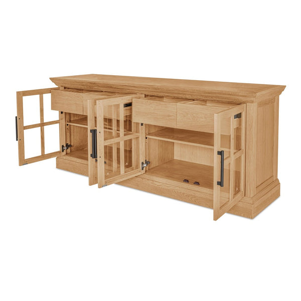 English Elm Sideboard, Wire-brushed Oak Frame with Glass Front Doors and Crown Molding Dining Storage B2769P516581