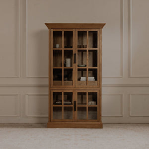 English Elm Cabinet, Solid Oak Glass Front Display Storage with Adjustable Shelves and Natural Finish B2769P516582