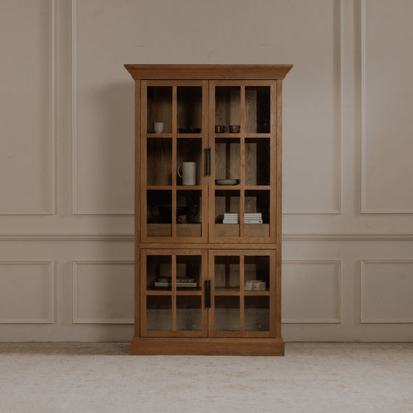 English Elm Cabinet, Solid Oak Glass Front Display Storage with Adjustable Shelves and Natural Finish B2769P516582