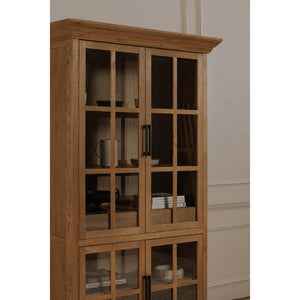 English Elm Cabinet, Solid Oak Glass Front Display Storage with Adjustable Shelves and Natural Finish B2769P516582