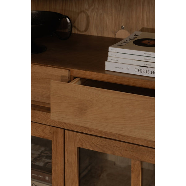 English Elm Cabinet, Solid Oak Glass Front Display Storage with Adjustable Shelves and Natural Finish B2769P516582