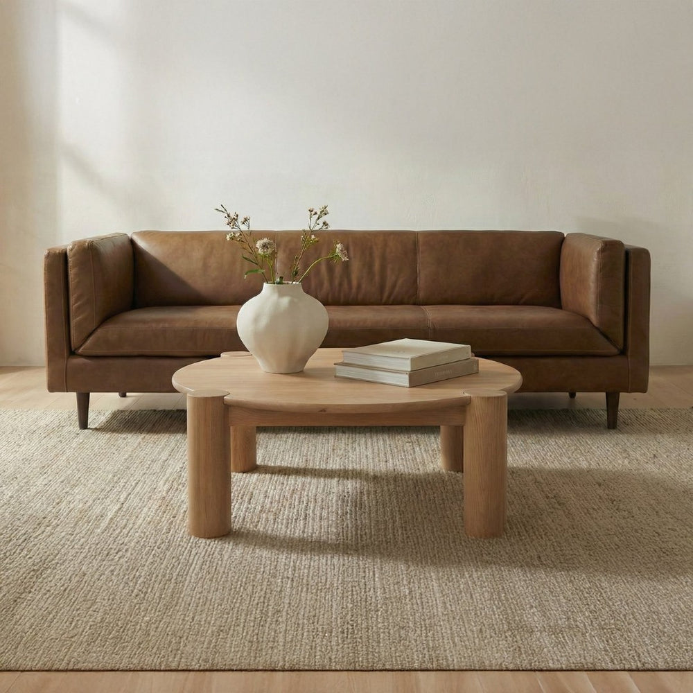 English Elm Sofa, Mid-century Top Grain Leather Three Seat with Tapered Legs for Living Room B2769P516583