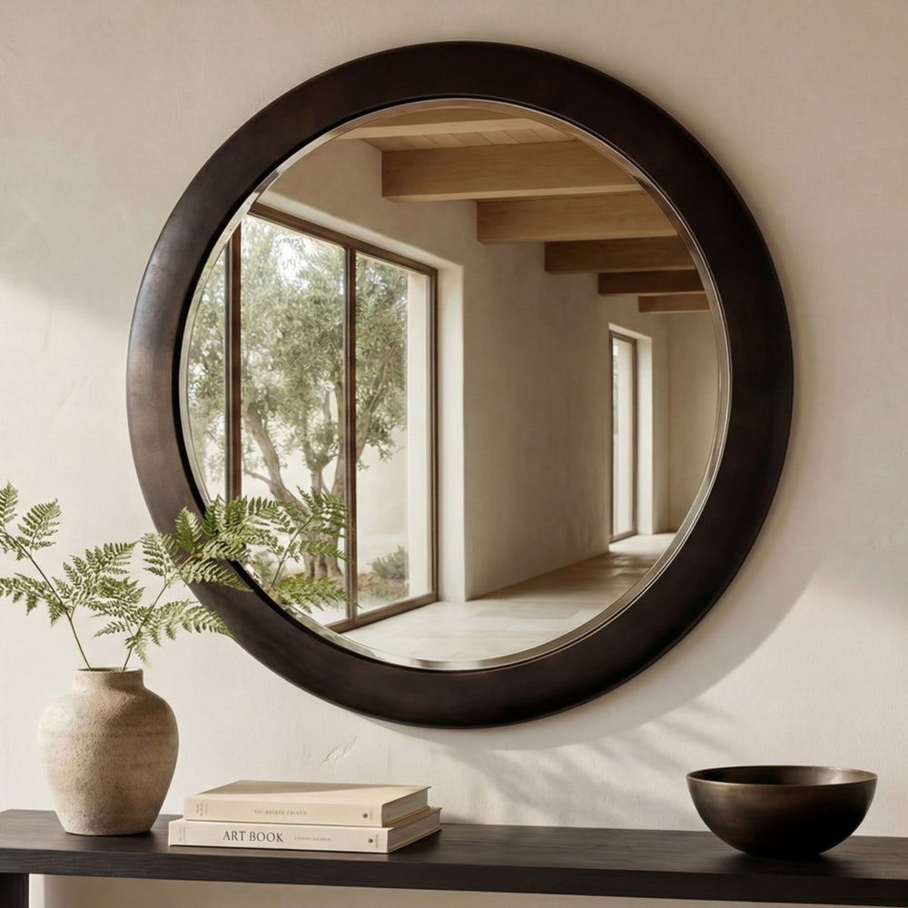 English Elm Mirror, Convex Aluminum Frame Blackened Bronze Finish Modernist Wall Accent Piece B2769P523622