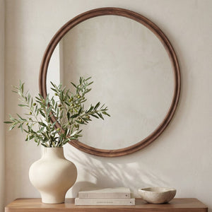 English Elm Mirror, Solid Walnut Round 48 Inch Double Edge Frame Natural Grain Wall Accent B2769P523660
