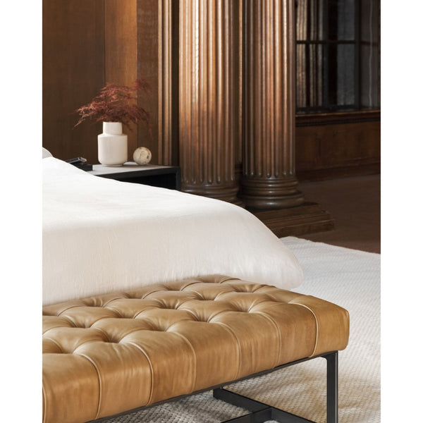 English Elm Bench, Tufted Top-grain Buffalo Leather Upholstered with Industrial Iron Base for Bedroom B2769P523712
