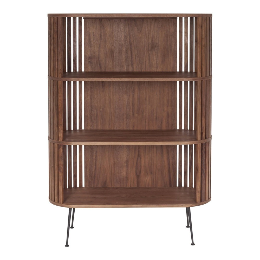 English Elm Bookshelf, Walnut Wood Open Shelves with Flared Steel Legs Mid-century Modern Style B2769P523721