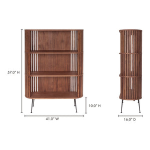 English Elm Bookshelf, Walnut Wood Open Shelves with Flared Steel Legs Mid-century Modern Style B2769P523721
