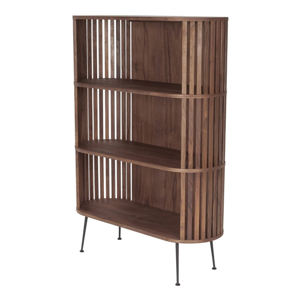 English Elm Bookshelf, Walnut Wood Open Shelves with Flared Steel Legs Mid-century Modern Style B2769P523721