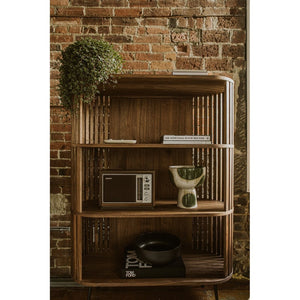 English Elm Bookshelf, Walnut Wood Open Shelves with Flared Steel Legs Mid-century Modern Style B2769P523721