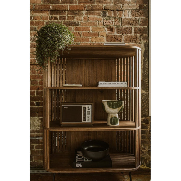 English Elm Bookshelf, Walnut Wood Open Shelves with Flared Steel Legs Mid-century Modern Style B2769P523721