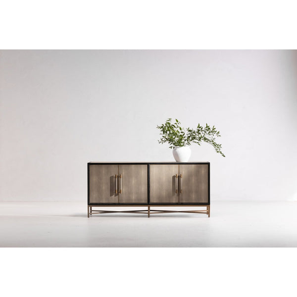 English Elm Sideboard, Art Deco Shagreen Pu Leather with Brass Hardware and Solid Oak Frame B2769P523727