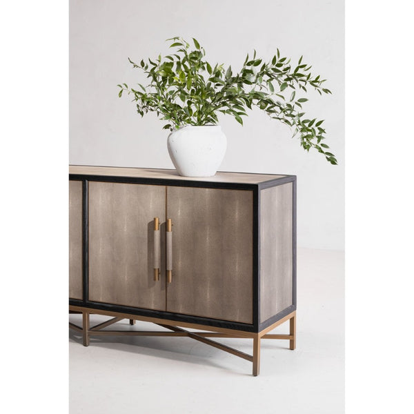 English Elm Sideboard, Art Deco Shagreen Pu Leather with Brass Hardware and Solid Oak Frame B2769P523727