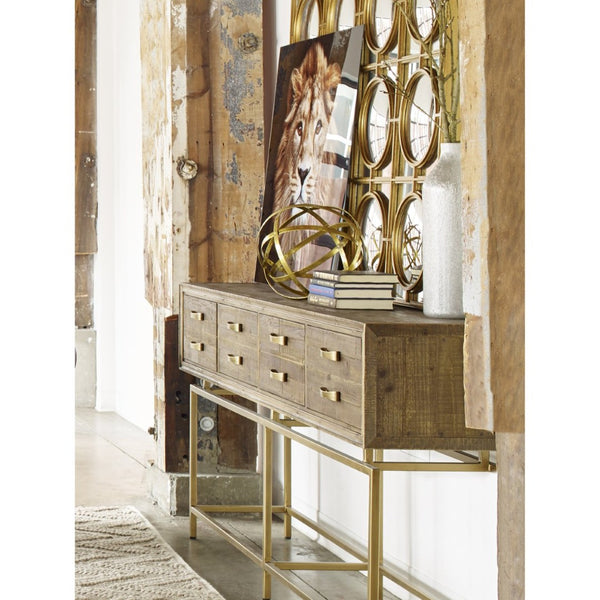 English Elm Console Table Reclaimed Fir Wood Four Drawer Storage Brass Base Entryway Accent B2769P523729