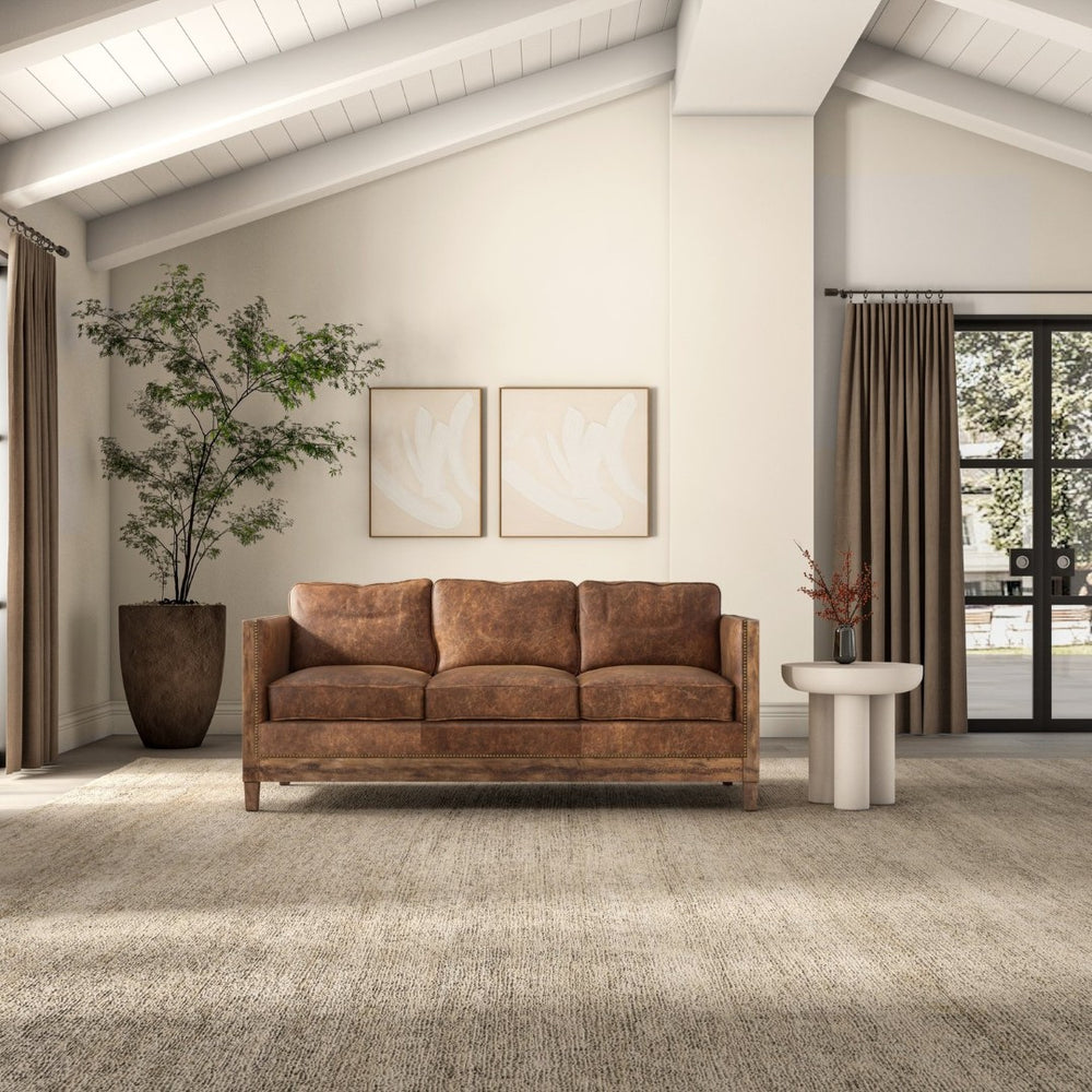 English Elm Sofa, Three Seat Top Grain Leather with Exposed Wood Frame for Rustic Living Rooms B2769P523736