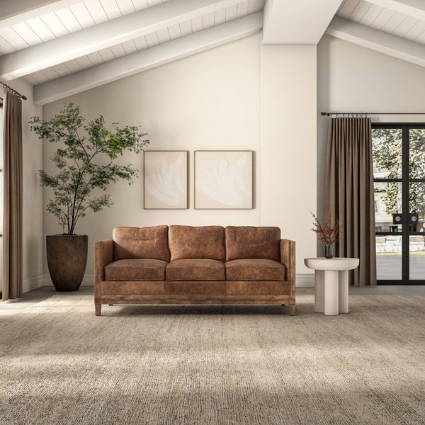 English Elm Sofa, Three Seat Top Grain Leather with Exposed Wood Frame for Rustic Living Rooms B2769P523736