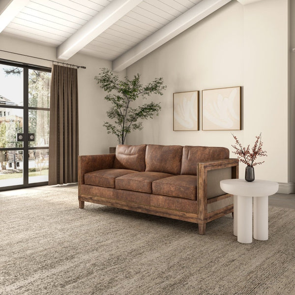 English Elm Sofa, Three Seat Top Grain Leather with Exposed Wood Frame for Rustic Living Rooms B2769P523736