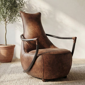 English Elm Club Chair in Aniline Dyed Top Grain Leather with Iron Frame for Study or Living Room B2769P523737