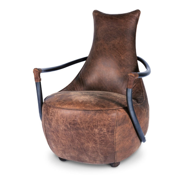 English Elm Club Chair in Aniline Dyed Top Grain Leather with Iron Frame for Study or Living Room B2769P523737