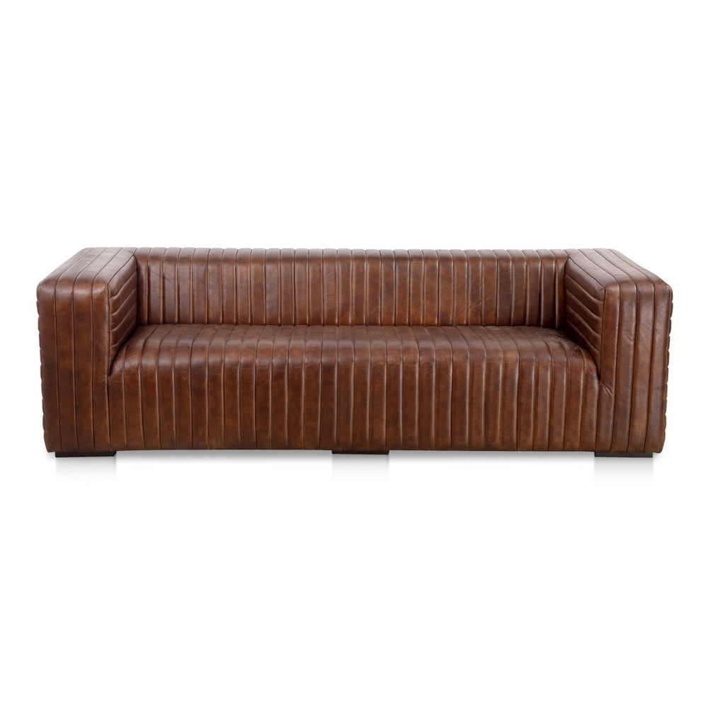 English Elm Sofa, Channel Stitched Top Grain Leather Three Seat Living Room Architectural Design B2769P523740
