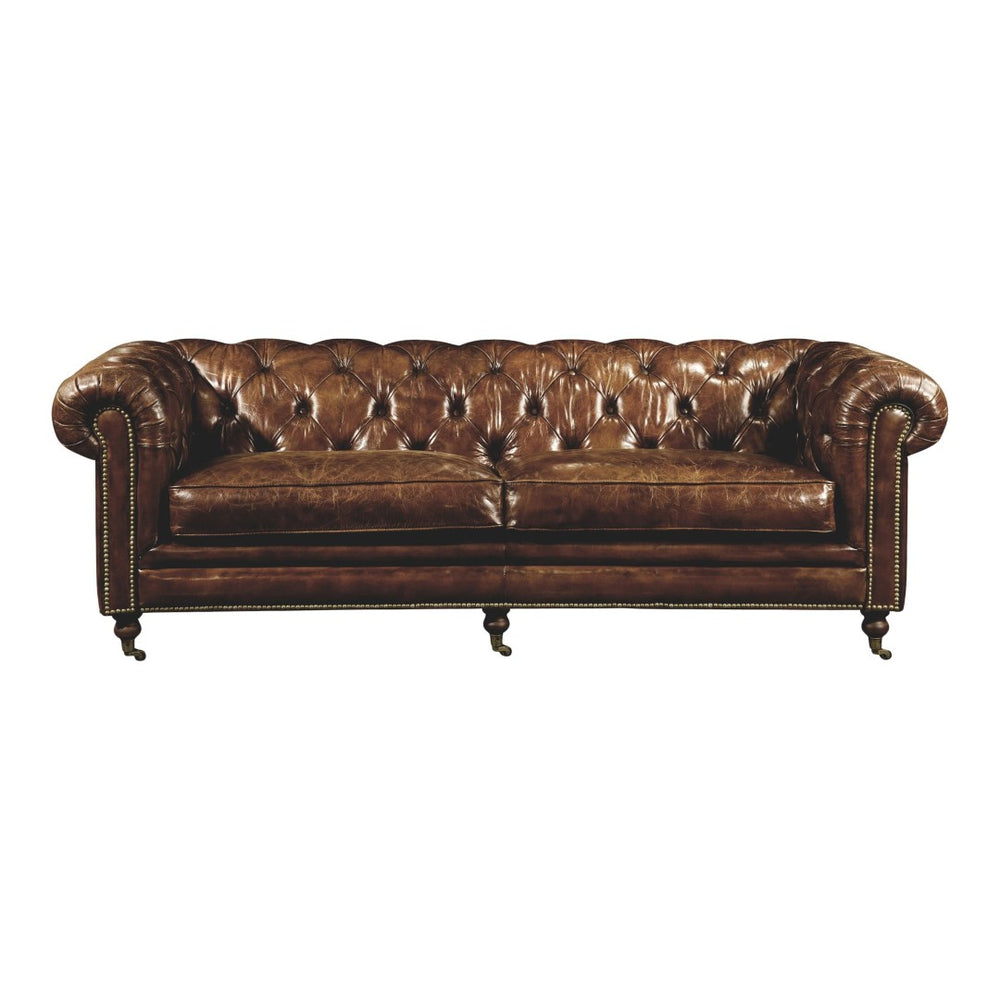 English Elm Sofa, Three Seat Top Grain Leather with Rolled Arms for Traditional Living Rooms B2769P523741