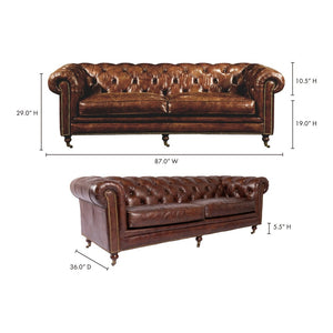 English Elm Sofa, Three Seat Top Grain Leather with Rolled Arms for Traditional Living Rooms B2769P523741