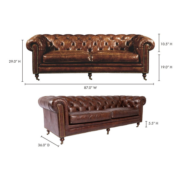 English Elm Sofa, Three Seat Top Grain Leather with Rolled Arms for Traditional Living Rooms B2769P523741