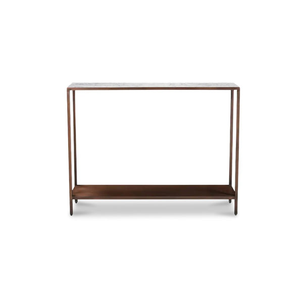 English Elm Console Table Marble Top Wrought Iron Base Antique Copper Entryway Accent Piece B2769P523756