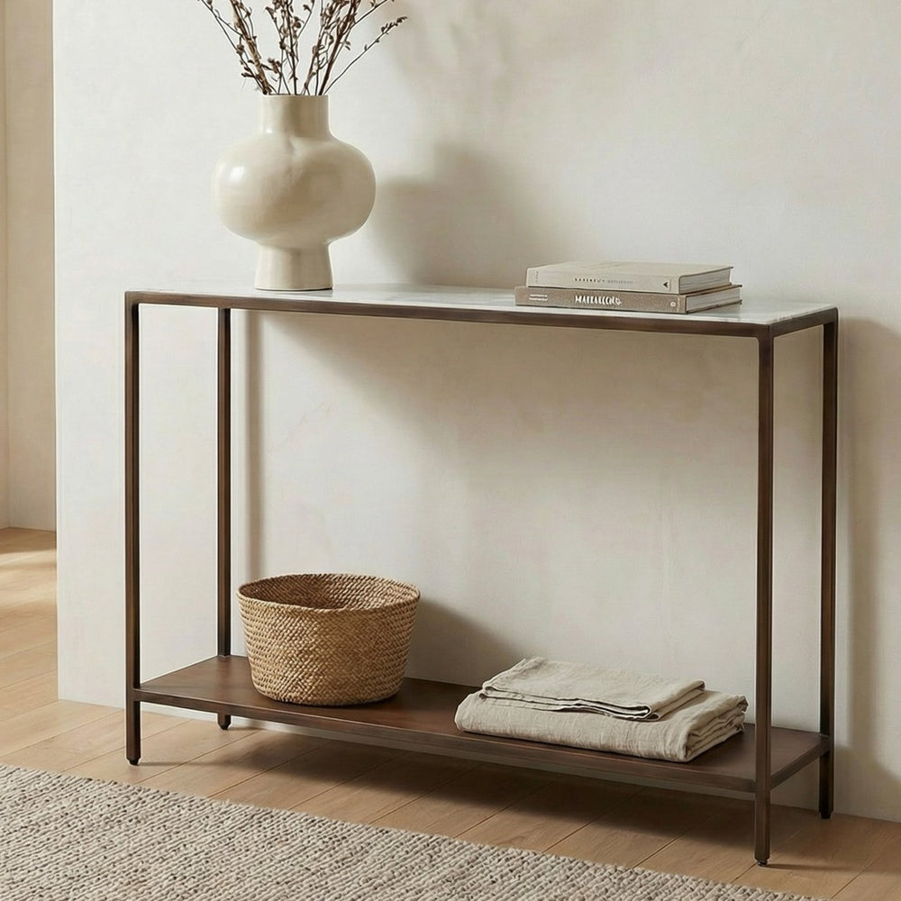 English Elm Console Table Marble Top Wrought Iron Base Antique Copper Entryway Accent Piece B2769P523756