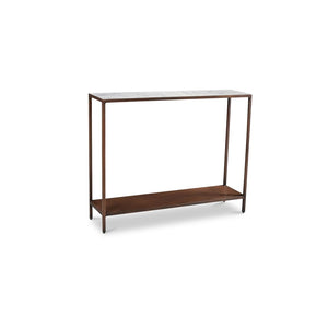 English Elm Console Table Marble Top Wrought Iron Base Antique Copper Entryway Accent Piece B2769P523756