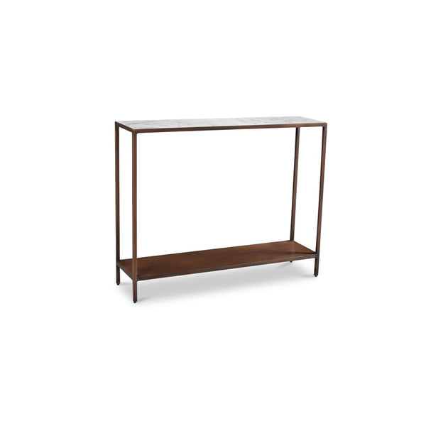 English Elm Console Table Marble Top Wrought Iron Base Antique Copper Entryway Accent Piece B2769P523756