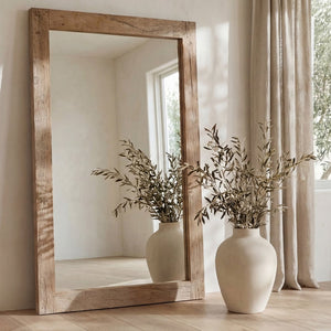 English Elm Floor Mirror with Reclaimed Wood Frame Weathered Grain Texture for Bedroom or Entryway B2769P523766