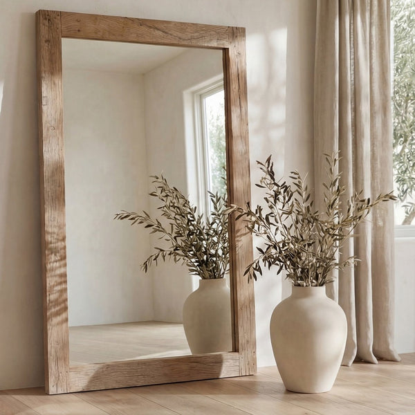 English Elm Floor Mirror with Reclaimed Wood Frame Weathered Grain Texture for Bedroom or Entryway B2769P523766