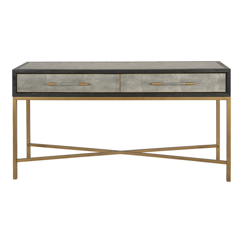 English Elm Console Table Art Deco Shagreen Top Brass Leg Accents Black Oak Entryway Statement B2769P530536