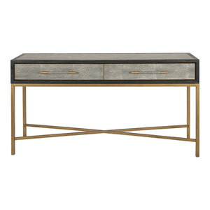 English Elm Console Table Art Deco Shagreen Top Brass Leg Accents Black Oak Entryway Statement B2769P530536