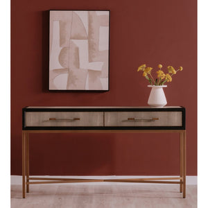 English Elm Console Table Art Deco Shagreen Top Brass Leg Accents Black Oak Entryway Statement B2769P530536