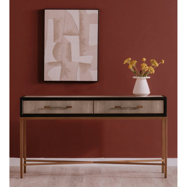English Elm Console Table Art Deco Shagreen Top Brass Leg Accents Black Oak Entryway Statement B2769P530536