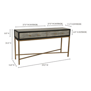 English Elm Console Table Art Deco Shagreen Top Brass Leg Accents Black Oak Entryway Statement B2769P530536