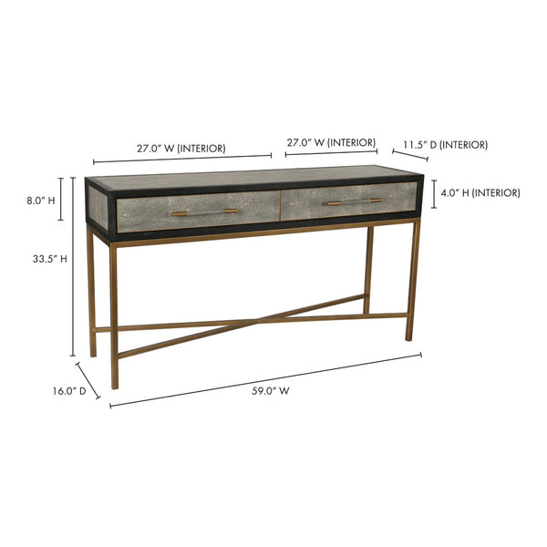 English Elm Console Table Art Deco Shagreen Top Brass Leg Accents Black Oak Entryway Statement B2769P530536