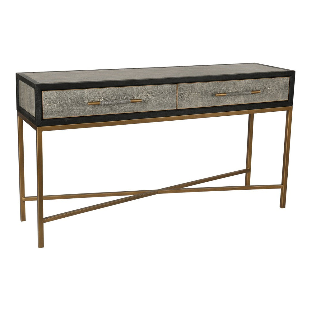 English Elm Console Table Art Deco Shagreen Top Brass Leg Accents Black Oak Entryway Statement B2769P530536